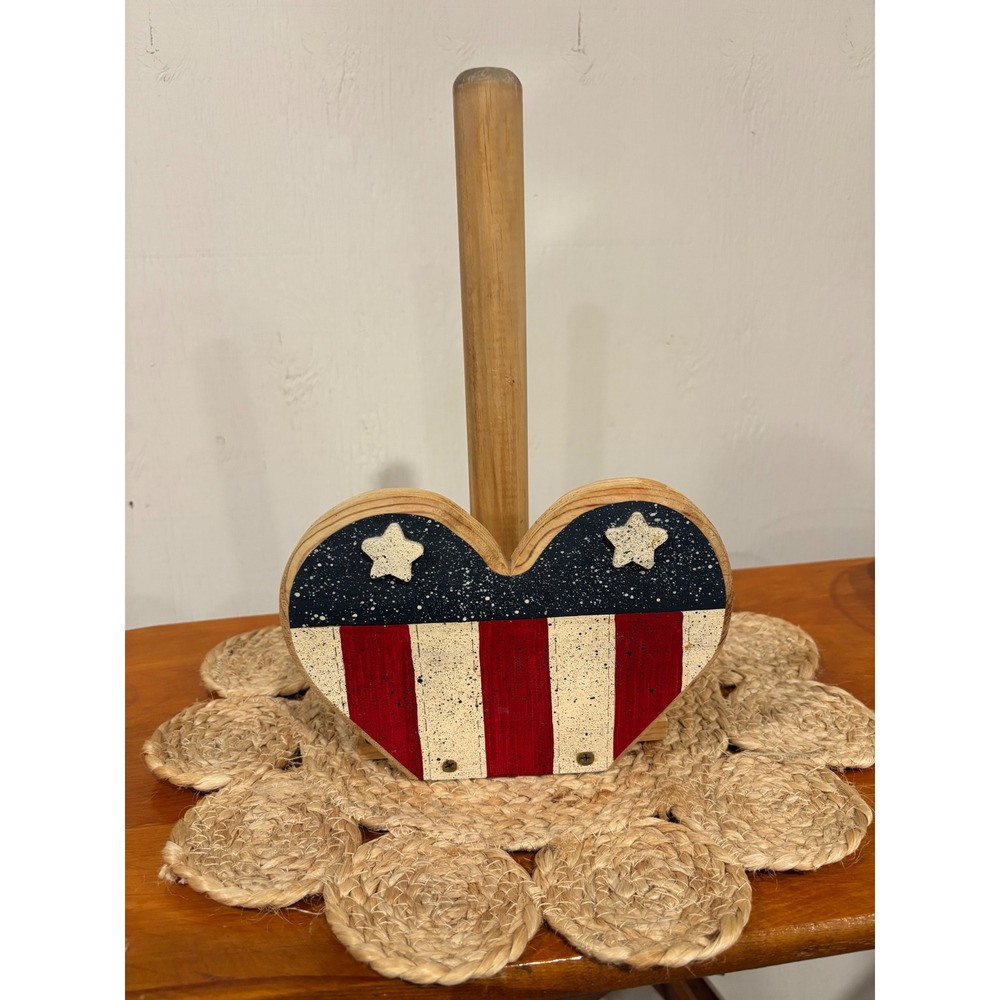 Vintage Wooden Americana Heart Paper Towel Holder Patriotic Stars Stripes Decor